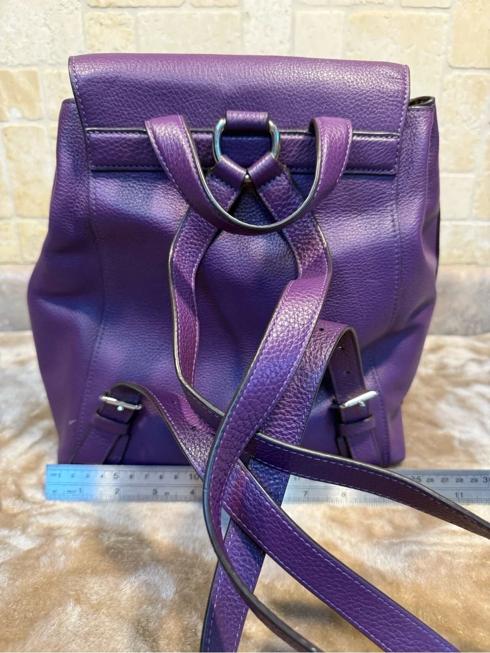 Coach Purple Pebbled Leather Drawstring Backpack with Front Zip Pocket